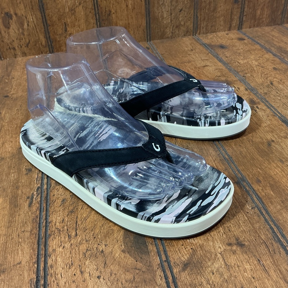 OLUKAI Nu'a Pi'o Womens Black Pink Camo Flip Flop Outdoor Casual Sandals Size 7